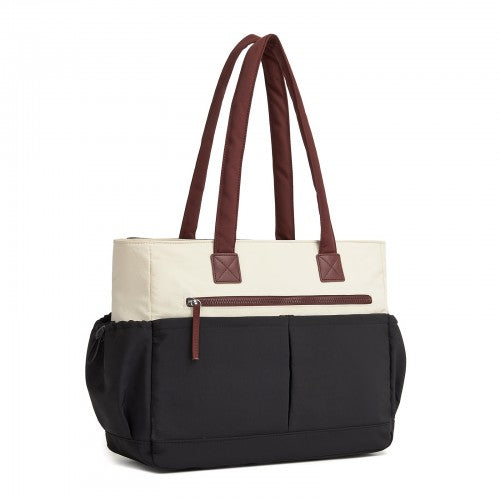 Lulu Chic Shoulder Tote Bag With Laptop Sleeve And Luggage Strap Beige And Black | Neil's Luggage Store