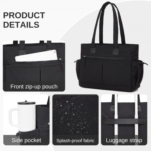 Miss Lulu Chic Shoulder Tote Bag With 15.6in Laptop Sleeve Luggage Strap Black | Neil's Luggage Store