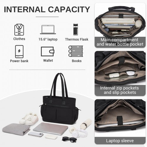 Miss Lulu Chic Shoulder Tote Bag With 15.6in Laptop Sleeve Luggage Strap Black | Neil's Luggage Store