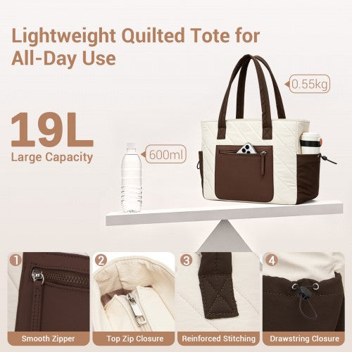 HBM2612 - Miss Lulu Minimalist Durable Shoulder Bag for Work, School & Travel with Laptop Sleeve and Multiple Pockets - Beige and Brown