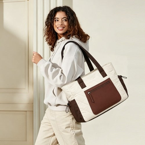 HBM2612 - Miss Lulu Minimalist Durable Shoulder Bag for Work, School & Travel with Laptop Sleeve and Multiple Pockets - Beige and Brown