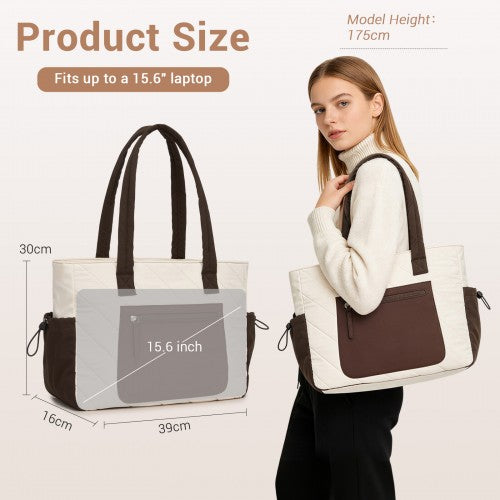 HBM2612 - Miss Lulu Minimalist Durable Shoulder Bag for Work, School & Travel with Laptop Sleeve and Multiple Pockets - Beige and Brown