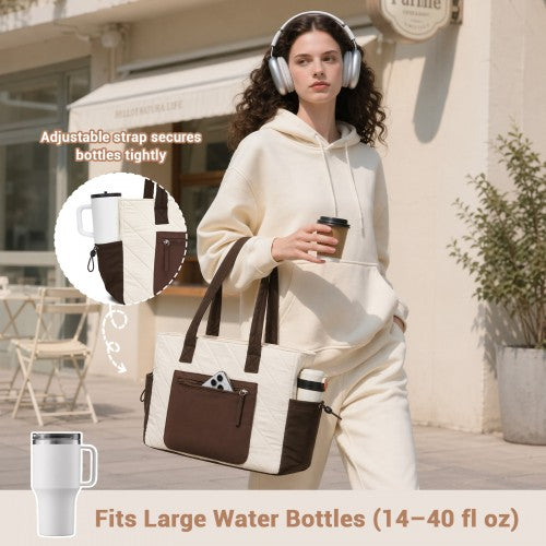 HBM2612 - Miss Lulu Minimalist Durable Shoulder Bag for Work, School & Travel with Laptop Sleeve and Multiple Pockets - Beige and Brown