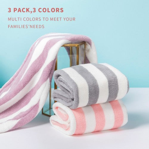 Hair Turban Microfibre Towel Set With Button Closure Coarse Stripe 3 Pack | Neil's Luggage Store
