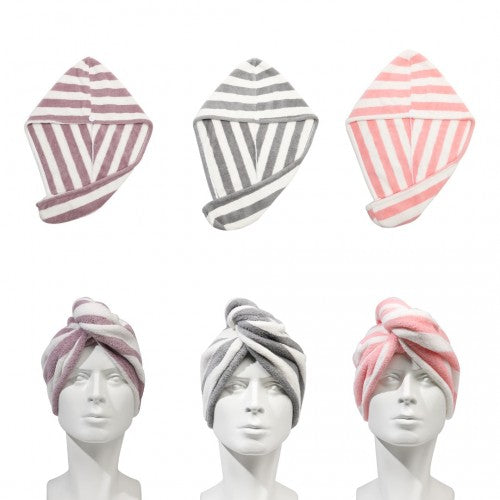 Hair Turban Microfibre Towel Set With Button Closure Coarse Stripe 3 Pack | Neil's Luggage Store