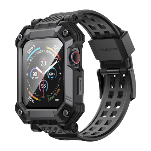 Apple Watch 46mm rugged Armorbox case with tempered glass screen protector and black adjustable band