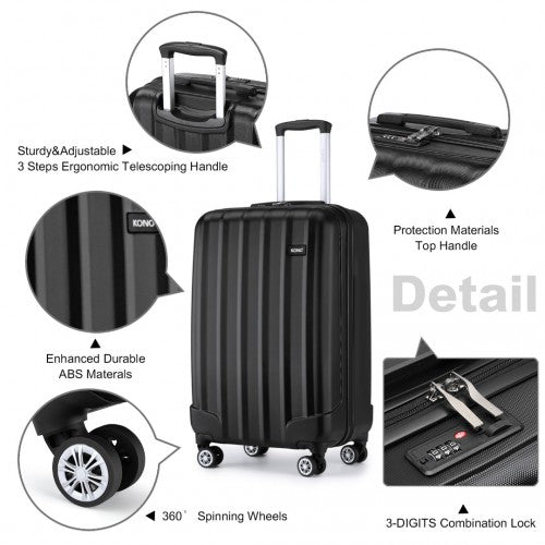 K1773-1L - Kono 19 Inch Cabin Size ABS+PC Hard Shell Luggage with Vertical Stripes - Ideal for Carry-On - Black | Neil's Luggage Store
