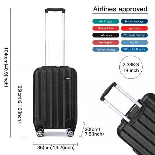 K1773-1L - Kono 19/24/28 Inch 3 Piece Set Striped ABS+PC Hard Shell Luggage with 360-Degree Spinner Wheels - Black | Neil's Luggage Store