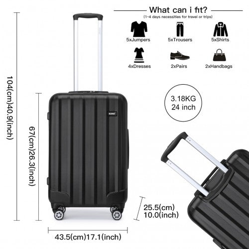 K1773-1L - Kono 19/24/28 Inch 3 Piece Set Striped ABS+PC Hard Shell Luggage with 360-Degree Spinner Wheels - Black | Neil's Luggage Store