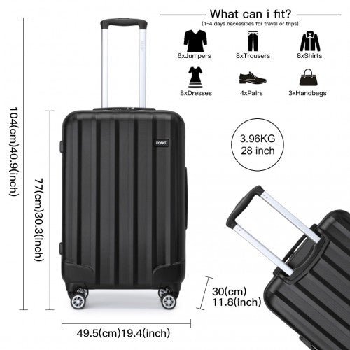 K1773-1L - Kono 19/24/28 Inch 3 Piece Set Striped ABS+PC Hard Shell Luggage with 360-Degree Spinner Wheels - Black | Neil's Luggage Store