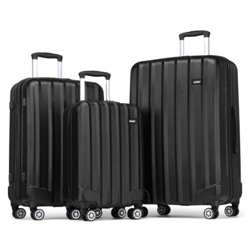 K1773-1L - Kono 19/24/28 Inch 3 Piece Set Striped ABS+PC Hard Shell Luggage with 360-Degree Spinner Wheels - Black | Neil's Luggage Store