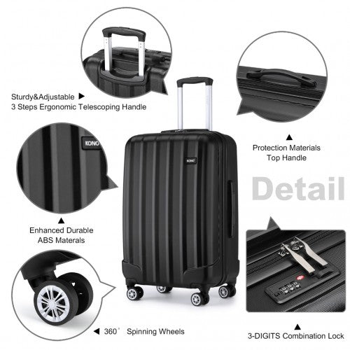 K1773-1L - Kono 19/24/28 Inch 3 Piece Set Striped ABS+PC Hard Shell Luggage with 360-Degree Spinner Wheels - Black | Neil's Luggage Store