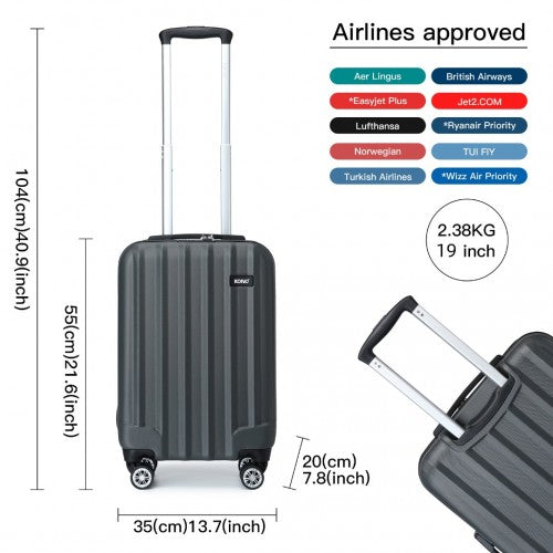 K1773-1L - Kono 19 Inch Cabin Size ABS+PC Hard Shell Luggage with Vertical Stripes - Ideal for Carry-On - Grey