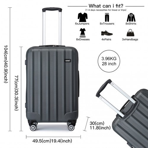 K1773-1L - Kono 28 Inch Striped ABS+PC Hard Shell Luggage with 360-Degree Spinner Wheels - Grey