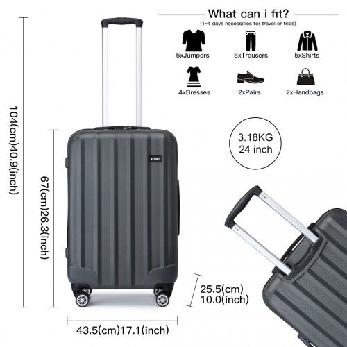 K1773-1L - Kono 19/24/28 Inch 3 Piece Set Striped ABS+PC Hard Shell Luggage with 360-Degree Spinner Wheels - Grey | Neil's Luggage Store