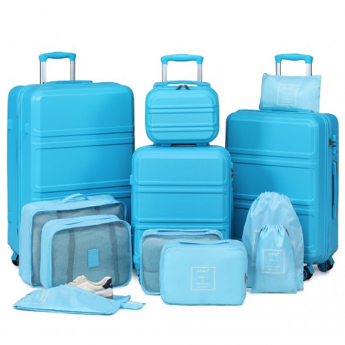 K1871-1L+E2019 - Kono ABS Suitcase Set With 4 Wheel Design Including Vanity Case And Travel Luggage Organiser Bag Set - Blue - Neils Luggage Store