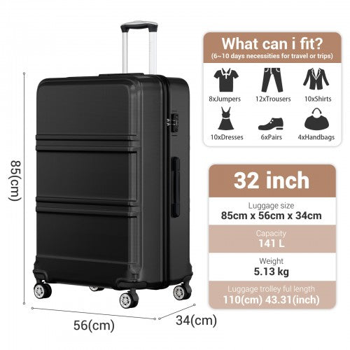 K1871-1L - Kono ABS+PC 32 Inch Extra-Large Suitcase, Sculpted Horizontal Design, Hard-Shell Wheeled Luggage with Telescopic Handle - Black | Neil's Luggage Store