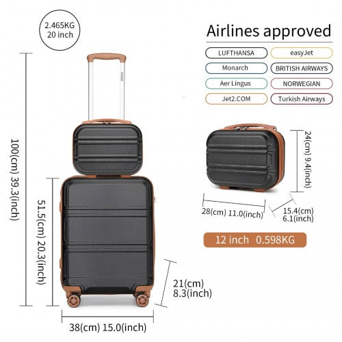 K1871-1L - Kono ABS 4 Wheel Suitcase Set with Vanity Case - Black And Brown | Neil's Luggage Store