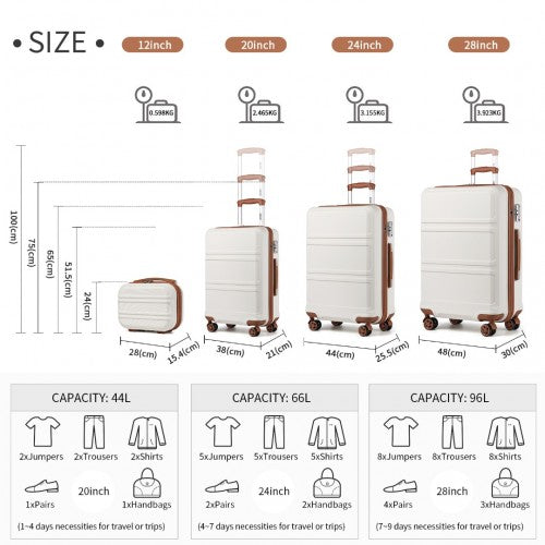 K1871-1L - Kono ABS Sculpted Horizontal Design 4 Pcs Suitcase Set With Vanity Case - Cream | Neil's Luggage Store