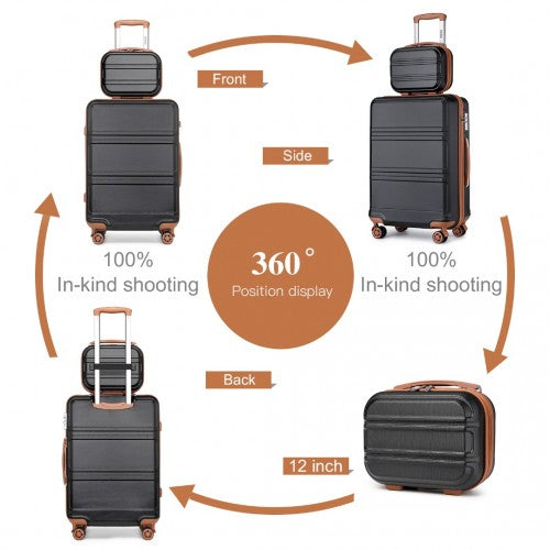 K1871-1L+EA2212 - Kono ABS 4 Wheel Suitcase Set With Vanity Case And Weekend Bag And Toiletry Bag - Black And Brown