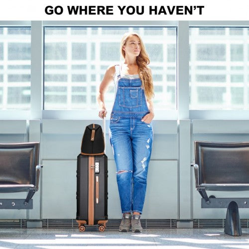 K1871-1L+EA2212 - Kono ABS 4 Wheel Suitcase Set With Vanity Case And Weekend Bag And Toiletry Bag - Black And Brown