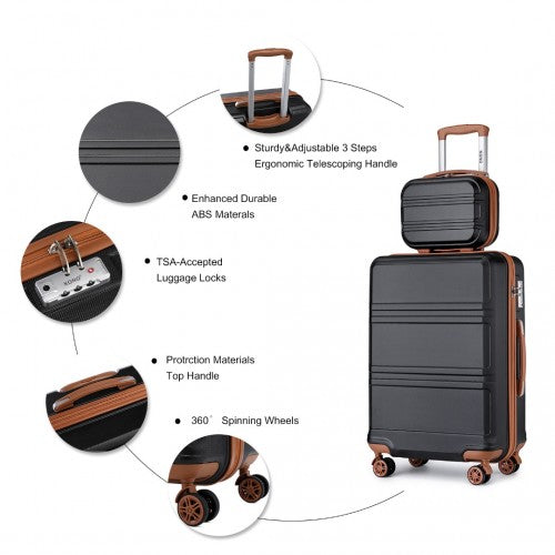 K1871-1L+EA2212 - Kono ABS 4 Wheel Suitcase Set With Vanity Case And Weekend Bag And Toiletry Bag - Black And Brown
