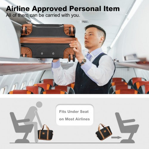 K1871-1L+EA2212 - Kono ABS 4 Wheel Suitcase Set With Vanity Case And Weekend Bag And Toiletry Bag - Black And Brown