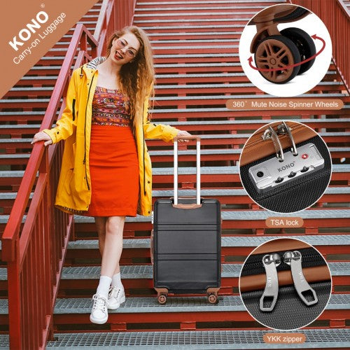 K1871-1L+EA2212 - Kono ABS 4 Wheel Suitcase Set With Vanity Case And Weekend Bag And Toiletry Bag - Black And Brown