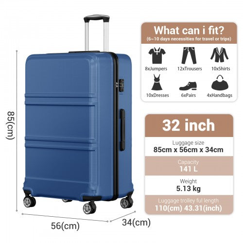 K1871-1L - Kono ABS+PC 32 Inch Extra-Large Suitcase, Sculpted Horizontal Design, Hard-Shell Wheeled Luggage with Telescopic Handle - Navy | Neil's Luggage Store