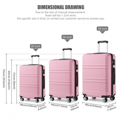 K1871-1L - Kono ABS Sculpted Horizontal Design 4 Pcs Suitcase Set With Vanity Case - Pink