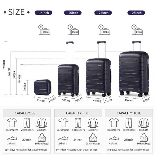 K2091L - Kono Multi Texture Hard Shell PP Suitcase With TSA Lock And Vanity Case 4 Pieces Set - Classic Collection - Navy | Neil's Luggage Store