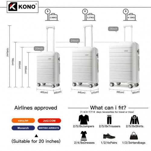 K2091L - Kono Multi Texture Hard Shell PP Suitcase 3 Pieces Set - Classic Collection - White | Neil's Luggage Store