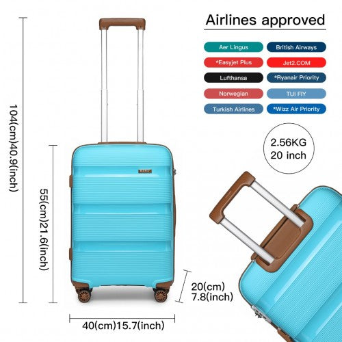 K2092L - Kono 20 Inch Bright Hard Shell PP Carry-On Suitcase In Cabin Size - Blue And Brown | Neil's Luggage Store