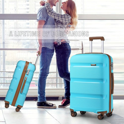 K2092L - Kono 20 Inch Bright Hard Shell PP Carry-On Suitcase In Cabin Size - Blue And Brown | Neil's Luggage Store