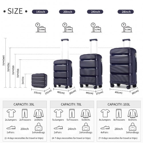 K2092L - Kono Bright Hard Shell PP Suitcase With TSA Lock And Vanity Case 4 Pieces Set - Classic Collection - Navy | Neil's Luggage Store