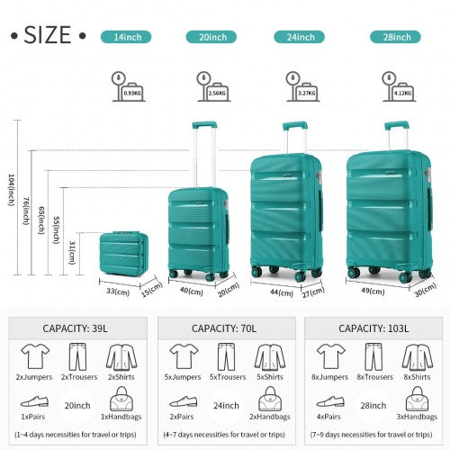 K2092L - Kono Bright Hard Shell PP Suitcase With TSA Lock And Vanity Case 4 Pieces Set - Classic Collection - Blue | Neil's Luggage Store