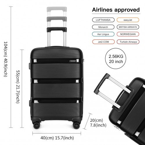 K2092L - Kono 20 Inch Bright Hard Shell PP Carry-On Suitcase In Cabin Size - Black | Neil's Luggage Store