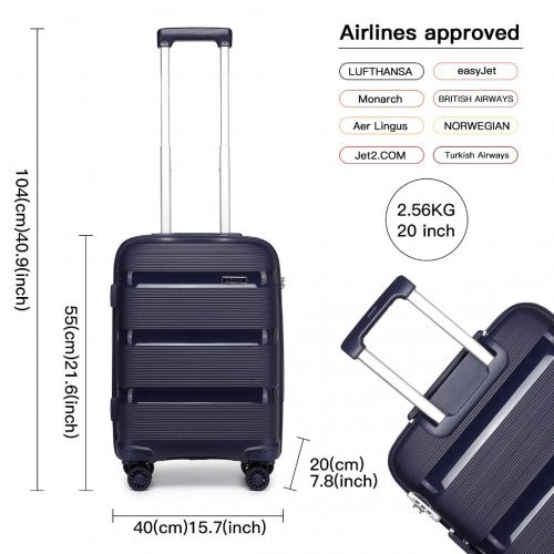 K2092L - Kono 20 Inch Bright Hard Shell PP Carry-On Suitcase In Cabin Size - Navy | Neil's Luggage Store