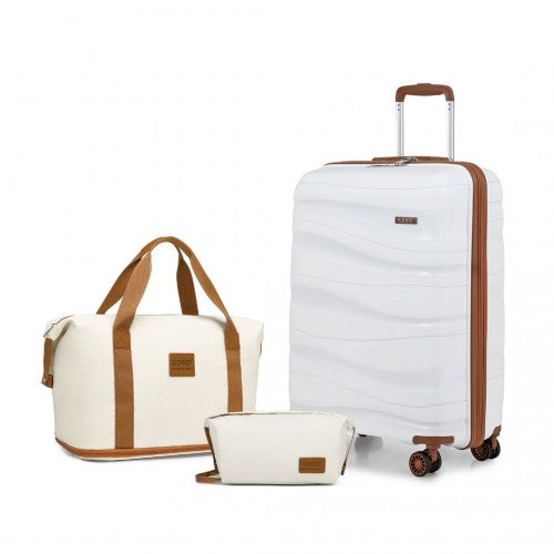 K2094L+EA2212 - Kono 20 Inch Polypropylene Cabin Size Suitcase 3 Piece Travel Set with Weekend Bag and Toiletry Bag - Cream | Neil's Luggage Store