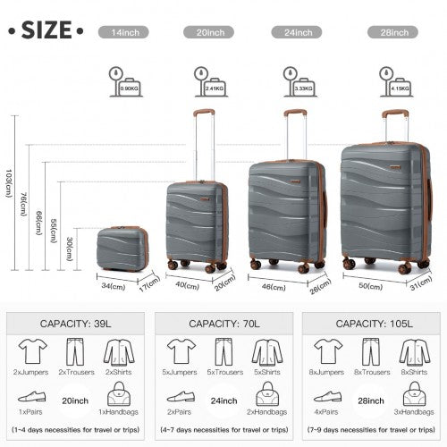K2094L - Kono Lightweight Polypropylene Hard Shell 4 Piece Suitcase Set With TSA Lock And Vanity Case - Grey And Brown | Neil's Luggage Store
