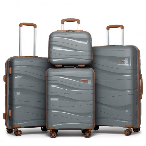 K2094L - Kono Lightweight Polypropylene Hard Shell 4 Piece Suitcase Set With TSA Lock And Vanity Case - Grey And Brown | Neil's Luggage Store