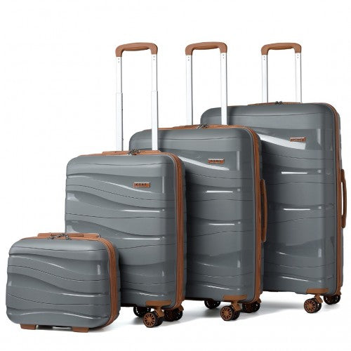 K2094L - Kono Lightweight Polypropylene Hard Shell 4 Piece Suitcase Set With TSA Lock And Vanity Case - Grey And Brown | Neil's Luggage Store