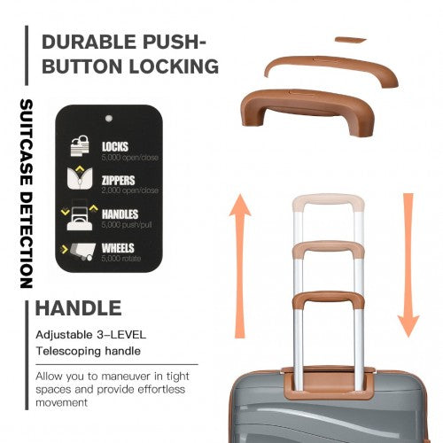 K2094L - Kono Lightweight Polypropylene Hard Shell 4 Piece Suitcase Set With TSA Lock And Vanity Case - Grey And Brown | Neil's Luggage Store