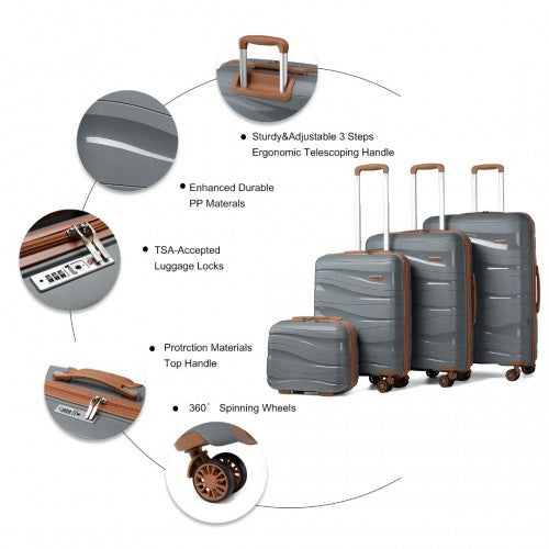K2094L - Kono Lightweight Polypropylene Hard Shell 4 Piece Suitcase Set With TSA Lock And Vanity Case - Grey And Brown | Neil's Luggage Store