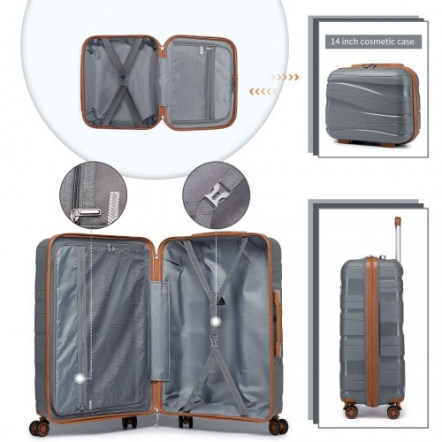 K2094L - Kono 14/20 Inch Lightweight Polypropylene Hard Shell 2 Piece Suitcase Set With TSA Lock And Vanity Case - Grey And Brown | Neil's Luggage Store