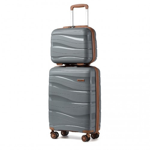 K2094L - Kono 14/20 Inch Lightweight Polypropylene Hard Shell 2 Piece Suitcase Set With TSA Lock And Vanity Case - Grey And Brown | Neil's Luggage Store