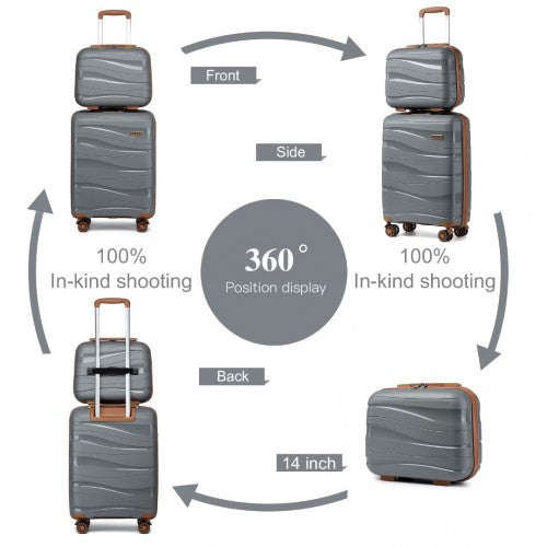 K2094L - Kono 14/20 Inch Lightweight Polypropylene Hard Shell 2 Piece Suitcase Set With TSA Lock And Vanity Case - Grey And Brown | Neil's Luggage Store