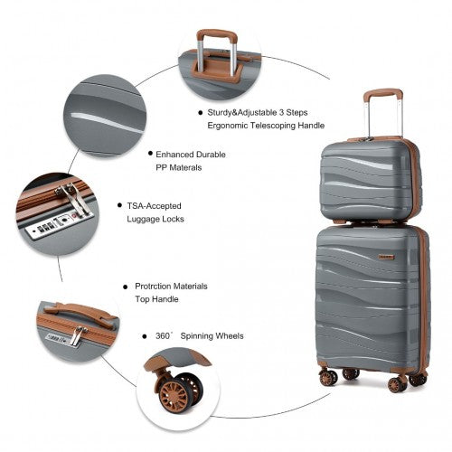 K2094L - Kono 14/20 Inch Lightweight Polypropylene Hard Shell 2 Piece Suitcase Set With TSA Lock And Vanity Case - Grey And Brown | Neil's Luggage Store