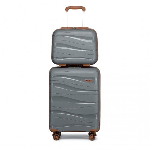 K2094L - Kono 14/20 Inch Lightweight Polypropylene Hard Shell 2 Piece Suitcase Set With TSA Lock And Vanity Case - Grey And Brown | Neil's Luggage Store