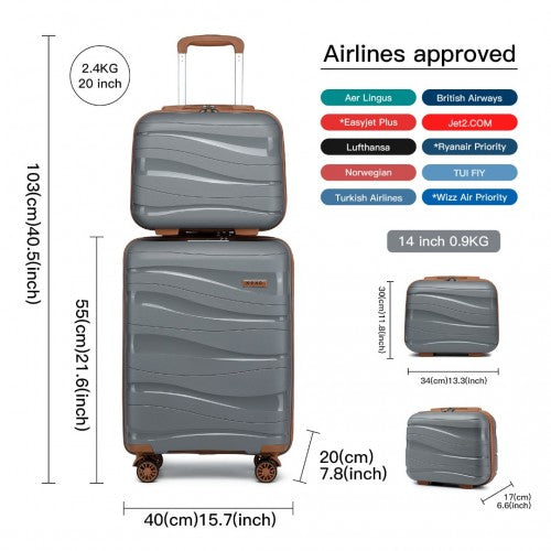 K2094L - Kono 14/20 Inch Lightweight Polypropylene Hard Shell 2 Piece Suitcase Set With TSA Lock And Vanity Case - Grey And Brown | Neil's Luggage Store